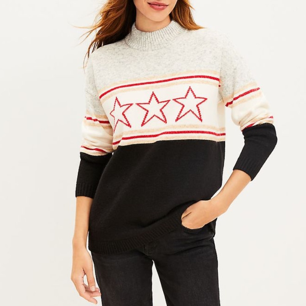 Lou & Grey Mock Neck Star Striped Sweater Gray Cream Black Red Size Small